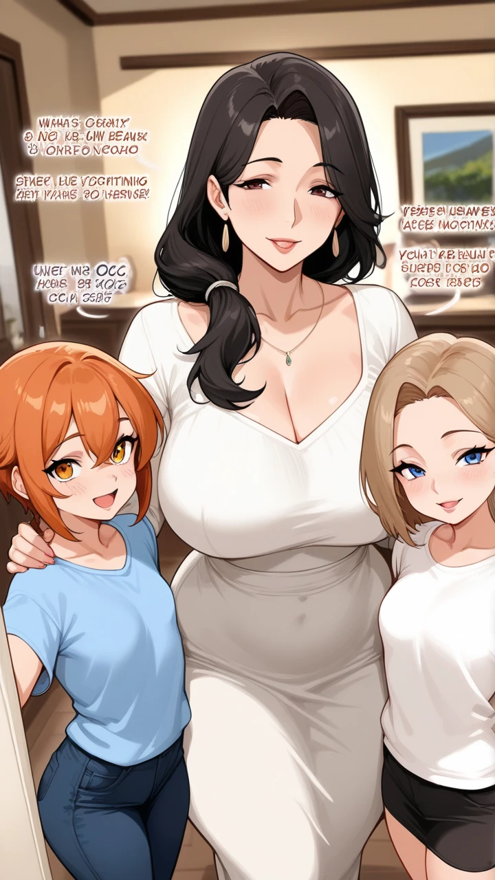 three sexy women looking down at 4 years old boy with blonde hair and shorts, flirtatious smiles, women have auburn hair