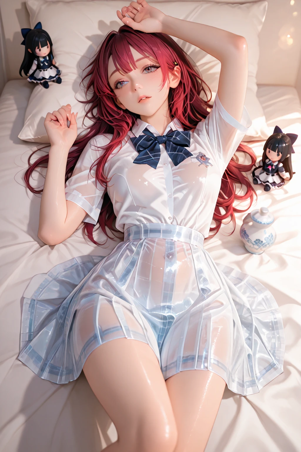 cute redhead 18-year-old woman, happy, in twin tails, perfect blue eyes, pale goth skin, silky smooth skin, wearing a pastel blue (sheer) nightgown, frilly nightgown, cute white panties and bra underneath her sheer nightgown, standing on a space ship.