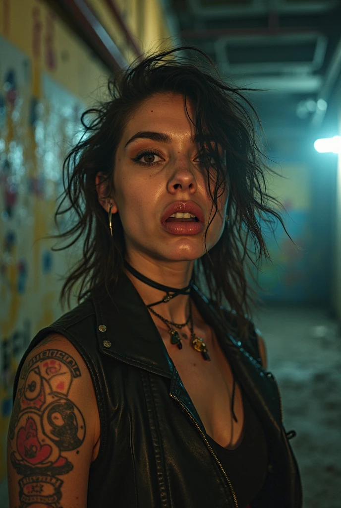 Gloomy girl, brunette, ponytail hairstyle, (zombie hunter, leather vest, torn black T-shirt, military pants, belt with holster), in a zombie hunter costume, neckline, standing against the backdrop of destroyed streets, looking at the viewer, gloomy lighting, dim light, depth of field, bokeh