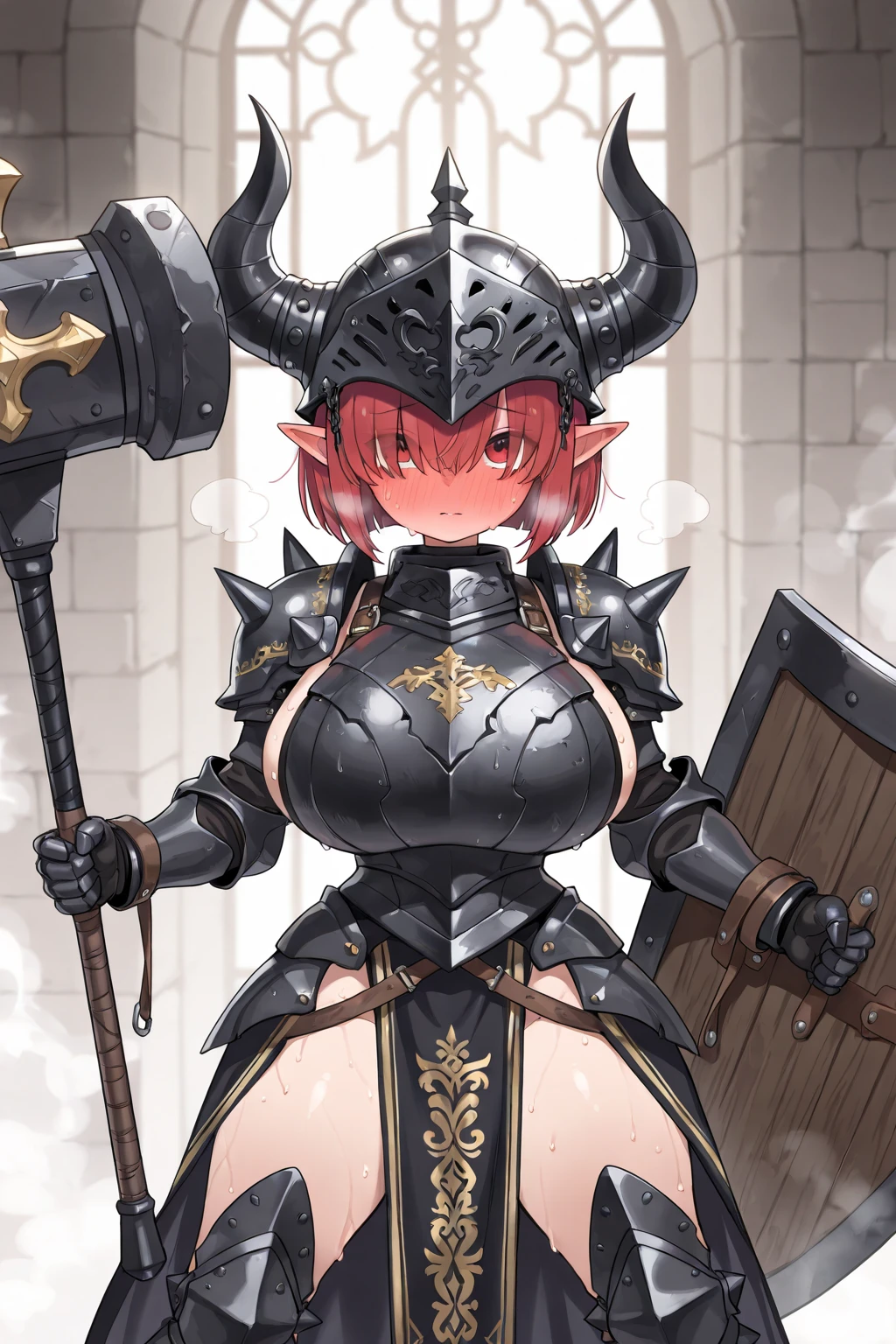 Busty pink female オーガ, Fluffy pink hair. Wearing simple and stylish golden bikini armor. . Kneeling and squatting,Armed with a sword and shield,Expression smile,Large Breasts,Pure white background,Very Very Intricate Uterus Tattoo