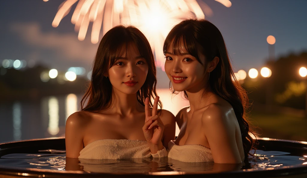 (masterpiece, realistic, photo-realistic:1.2), finely detail, ultra high res, perfect anatomy, best quality, 8K, soft focus, (happy smile:1.2), (3girls, harem, 16yo Japanese short girls, nsfw, full nude:1.2), portrait, upper body shot, focus on breasts, (black straight hair, short hair, blunt bangs:1.2), beautiful detailed face and big eyes, (glowing fair skin, shiny oiled body:1.2), (pointed huge breasts, gigantic breasts:1.2), (bloom, awesome detailed fireworks, night view, sea side:1.2), sitting pose emphasized breasts, bikini,