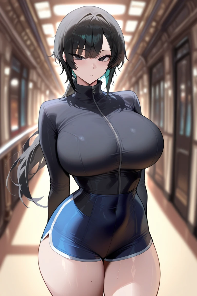 closed mouth, (20 years old), ((1girl)), ((((solo))), (((alone))), (((genderbend))), (((female))), wide hips, thick thighs, huge breast, narrow waist, ((blue top)), ((short skin tight blue cocktail dress)), cocktail, party, ((anime artstyle)), long eyelashes, ((long black hair)), (((at night))), (red lipstick), (black eyeshadow), (in the dark)