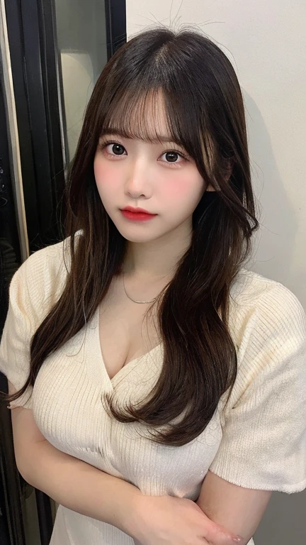 A photo of an extremely beautiful Japanese woman in a cafe. She is wearing a black off-the-shoulder dress and has long hair with bangs, posing for Instagram photos with her hand on her chin. There is "GPatch" written in spray paint on the wall behind her.
