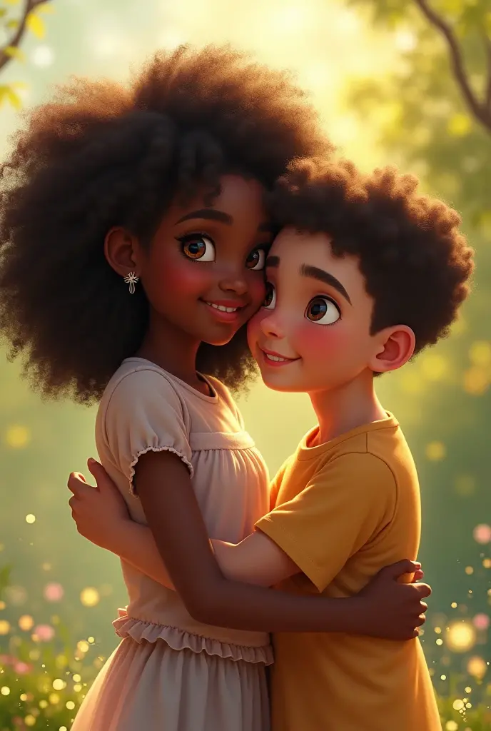 Animated image of a couple hugging in their home, the thin girl with cinnamon skin, dark black curly hair with bangs, eyes a little big, small nose, small mouth and medium-sized boy with a round head and light complexion, straight brown hair, small eyes and smiling mouth 