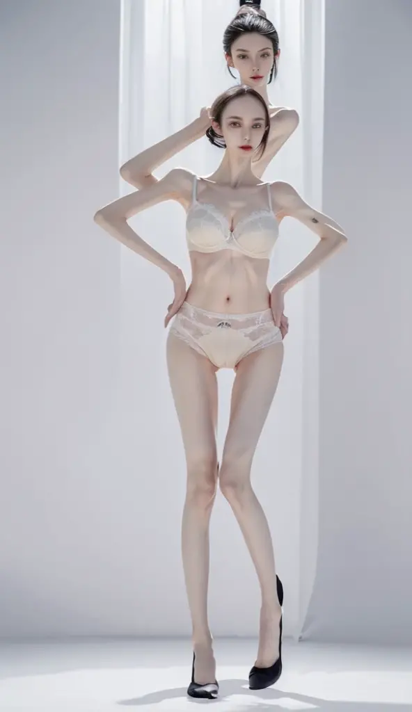 a woman, very thin body, body visible bones, very slender , sweaty weat body, pale white skin, panties, bra,tatto, full body