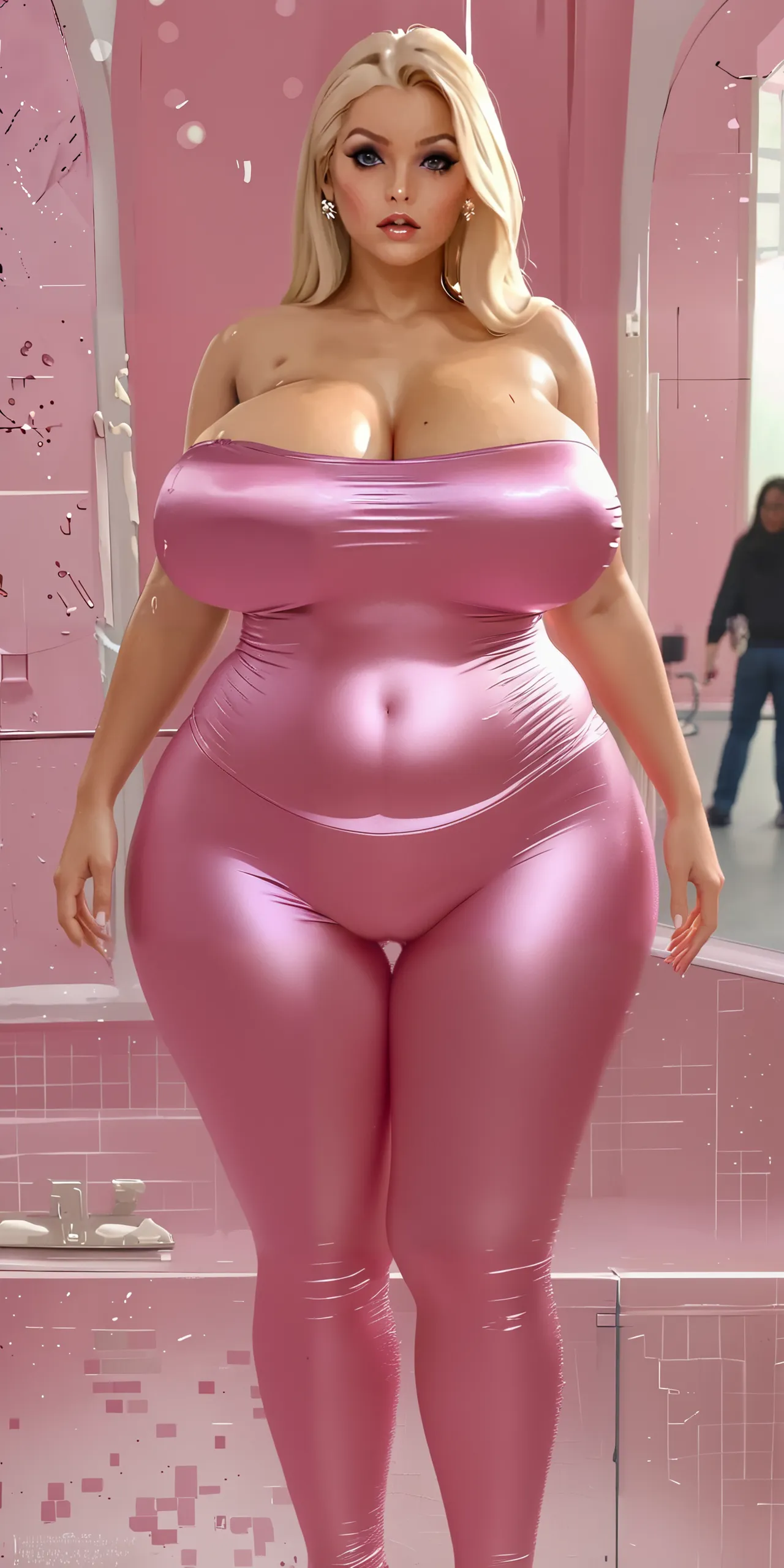 arafed woman in a pink shirt and yellow skirt posing, thicc, thick body, hyperrealistic full figure, character is in her natural pose, large hips, she has a jiggly fat round belly, beautiful thick female, thick, highly detailed character, thick thighs, full body cgsociety, wide hips, extremely detailed woman, widest hips