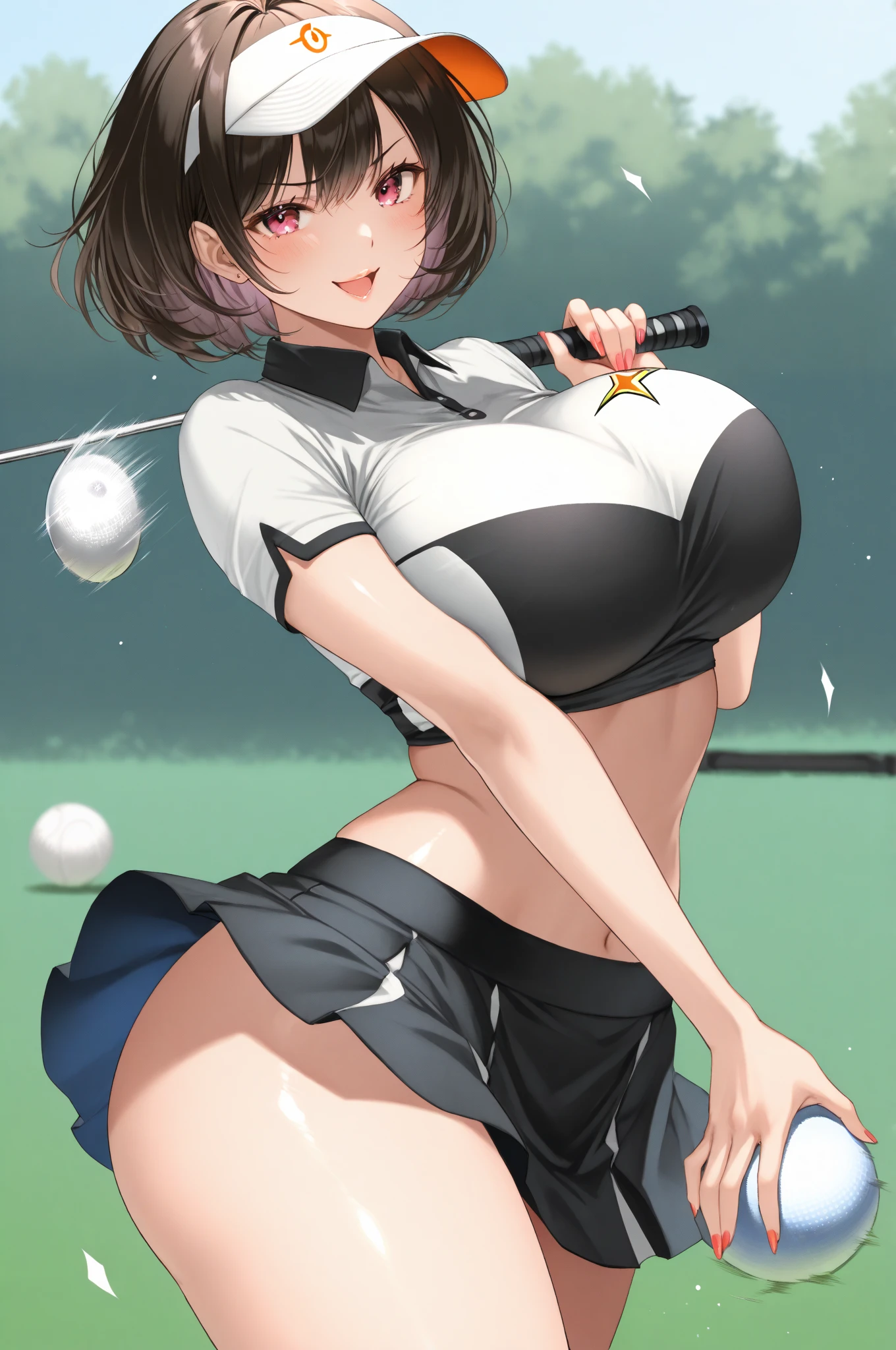 1 female、woman with very long black hair、Busty women、Spectacular views、Night Scene、The view from the top of the hill、Full moon night sky、swirling starry sky、8K、Best Quality、The woman's whole body is in the photo、The woman is wearing a miniskirt and her crotch is visible.、Standing motionless in golf wear, staring at the ball、The thong is transparent、、With a golf club、Sitting squatting