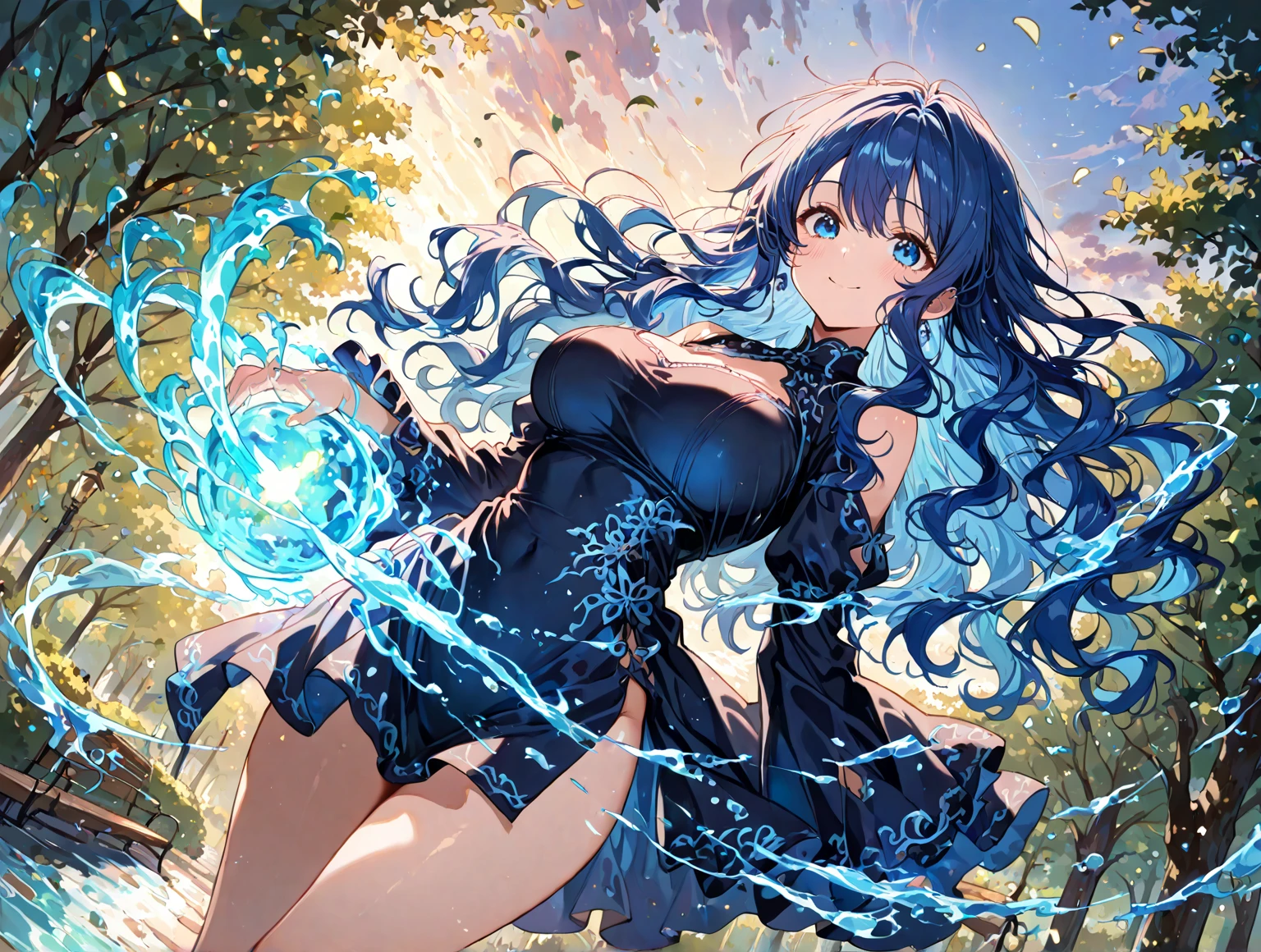 Create an ultra-detailed, best quality, high-resolution masterpiece depicting an umbral elemental with an anime girl figure seeping with blue energy perfect shadows, high quality shading, photorealistic,