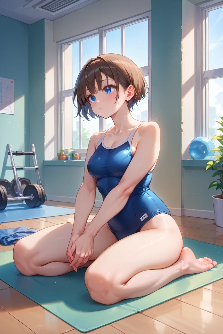 score_9,score_8_up,score_7_up,masterpiece,best quality, source anime, realistic, super detailed, extreme detailed, rating_safe,
1girl, sitting on exercise ball,
BREAK girl, 22yo, short hair, bob cut, (blunt bangs), black hair, (tareme, detailed cute brown eyes), curled eyelashes, (large breasts:0.9),
shiny hair, beautiful detailed eyes, beautiful face,
gymnastics wear, buruma, sweat, smile, heavy breathing, school gym