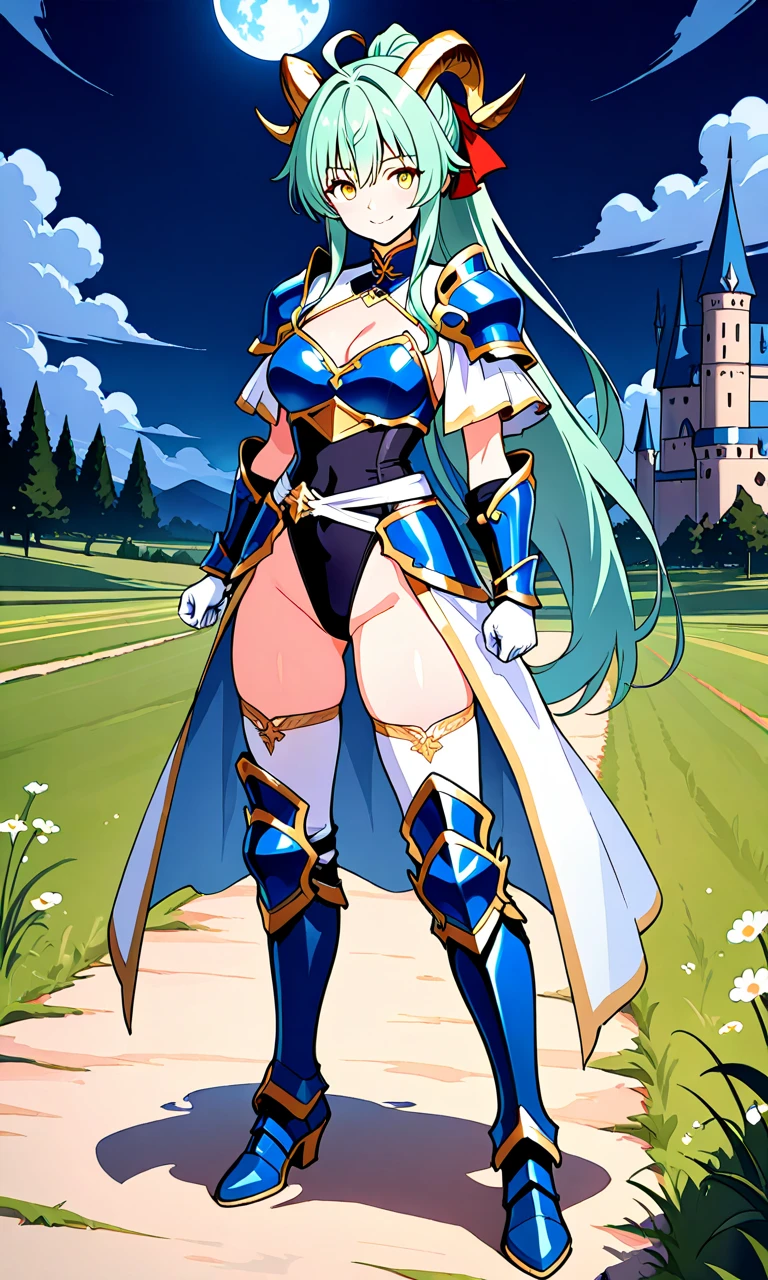 Masterpiece, Best Quality, 1girl, ahoge, armor, armored boots, bangs, black gloves, blue eyes, blue hair, boots, breasts, cape, cleavage, closed mouth, covered navel, day, elbow gloves, flower, full body, gauntlets, gloves, grass, greaves, high heel boots, high heels, highleg, highleg leotard, leotard, long hair, looking at viewer, perfect body, perfect breasts, outdoors, pauldrons, shoulder armor, solo, standing, thigh boots, thighhighs, thighs, tree, white leotard, smile