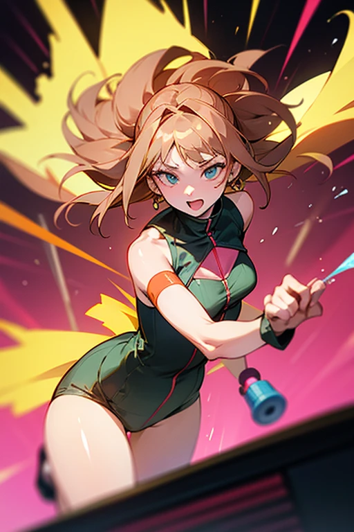 (artwork:1.0), (best_quality:1.2), ((fitness, muscular)), ((Classic Rogue, 1991 Rogue X-Men, 1girl, solo, medium length hair, ((brown hair, Wavy hair, messy hair, a strand of white hair)), bow hair, green eyes, mischievous look, smiling, curvy figure, medium breasts, lipstick, fitness)), ((nurse cap, revealing clothes, shrug (clothing), short sleeves, (layered bikini:1.3), purple bikini, green bikini, green gloves, elbow gloves, pink belt, black skirt, microskirt, green thighhighs, garter straps, ( convention:1.5), (inside, auditorium, convention background), high ceiling, crowded))