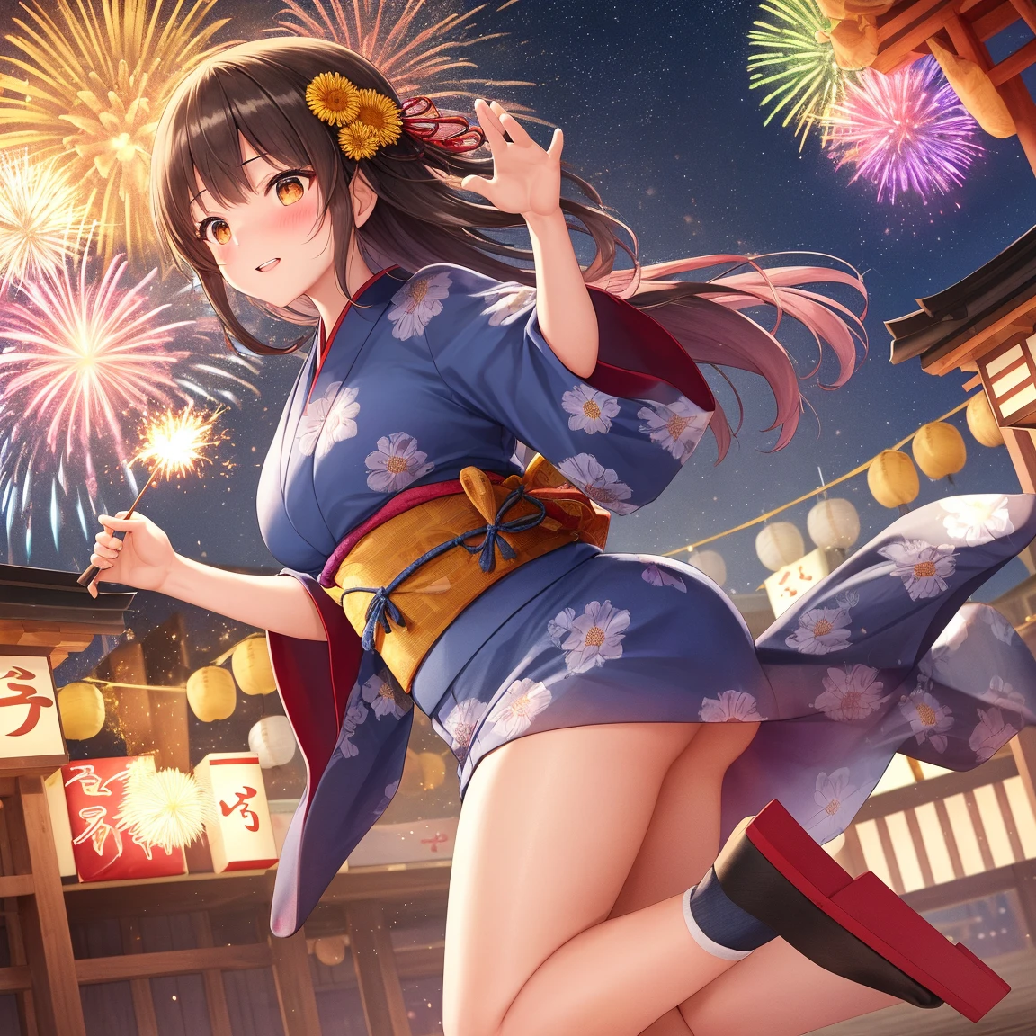"Young girl in a yukata, with shining eyes and flawless complexion, alone in a vibrant scene of fireworks. (Masterpiece, best quality, super high-definition, high resolution), ultra-detailed portrayal of a 16-year-old girl, capturing the essence of youth and innocence. The theme of the artwork is centered around the color blue, creating a serene and captivating atmosphere. The girl's eyes are the focal point, radiating a sense of charm and beauty. The fireworks in the background illuminate the night sky, adding a dynamic and magical element to the composition."
