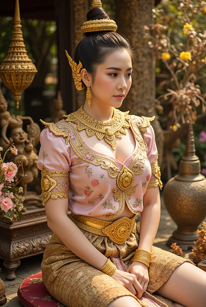 A woman in an opulent traditional Thai outfit, hands together, posing confidently in front of a majestic royal palace, with golden light illuminating her figure, enhancing the intricate details of her attire.