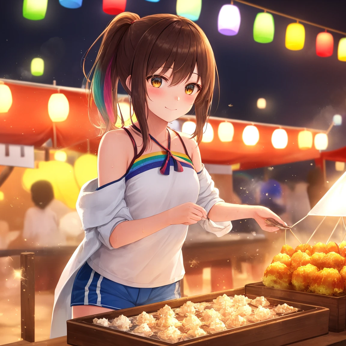 (masterpiece:1.5),(Beat quality),(high res),1girl solo,beautiful face,smile,light effects,swimwear women,Night summer festival food stalls
