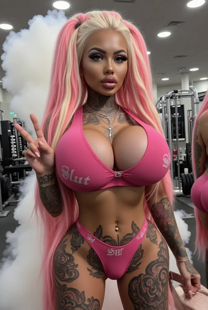 bimbo, 20 years old bimbo, thigh high platform boots,, bimbo, perfect fake boobs, tattoos, makeup, choker,