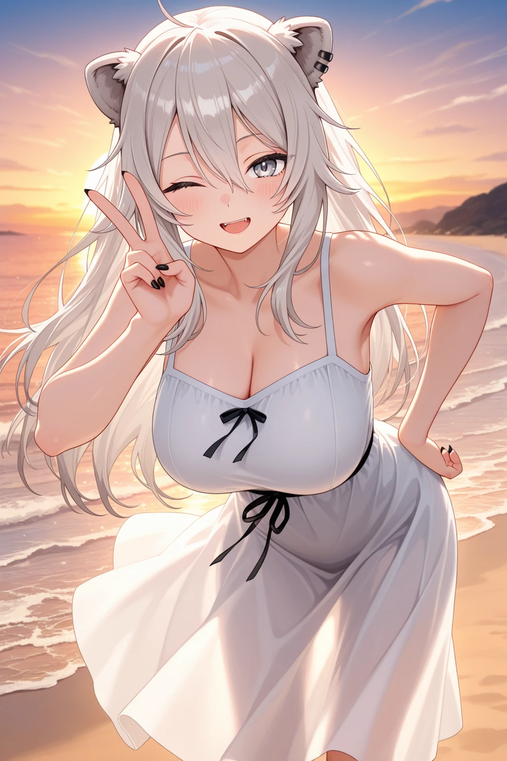 (masterpiece, best quality:1.2), <lyco:pc_chan:1.0>, cowboy shot, solo, 1girl, pc_chan, dark skin, dark-skinned female, grin, looking at viewer, crossed arms, long hair, white hair, floating hair, purple eyes, white dress, sleeveless, cleavage, large breasts, blue sky, clouds, sunlight, light shaft