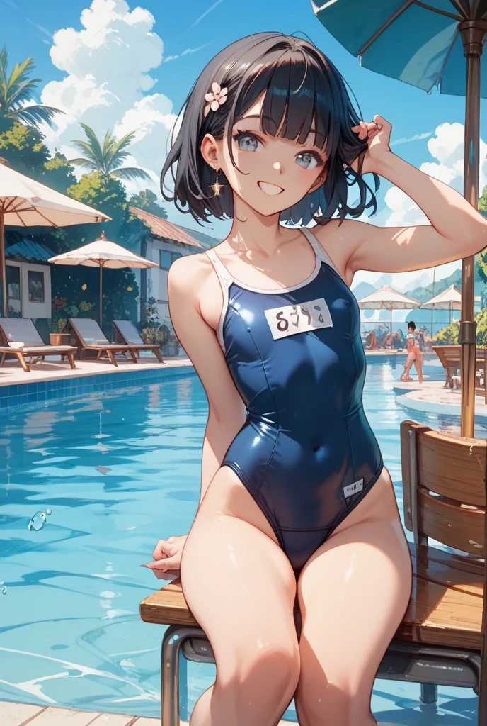 High quality、highest quality、complete limbs、Ultra high definition、Shining eyes、Full hands and fingers、slender beauty、very short hair、Wearing an all-white school swimsuit、white skin