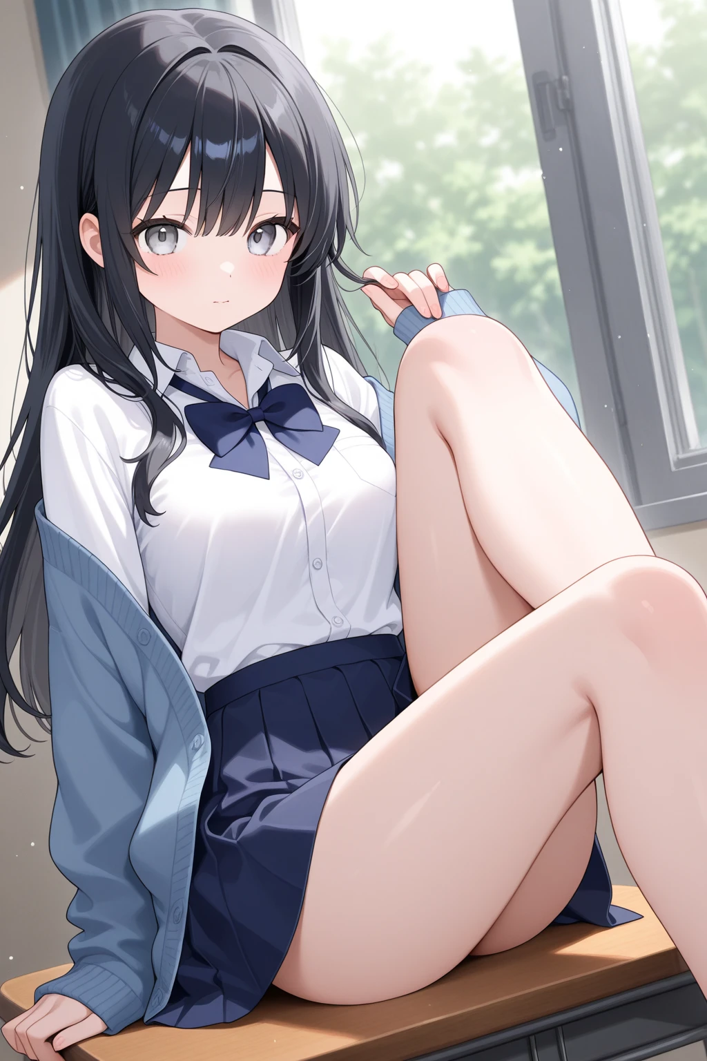 (Realistic, Photo Real:1.2), ((highest quality)), Shift the center of gravity backwards, Quite embarrassing, White panties, (Showing panties:1.4),Tight Skirt, (Super Skirt:1.3), (Please lift your skirt:1.3), (squat:1.4), Put your heels on the ground, Spread your legs a little, squat，Kneesup, Get your ass on the ground, black penny loafers, Beautiful facial details, Real human skin, Gentle expression, Front view, From belowのアングル, Realistic, Realistic, cute, Short skirt, Squatting on campus, cute school girl, Japanese school girl uniform, Sailor suit, whole body,(Displaying the viewer:1.2), from the front, From below, Perfect Face、Perfect Eyes, Thin legs, slender, Perfect panties、Embarrassed look、Thin thighs、Small Ass、Black Hair