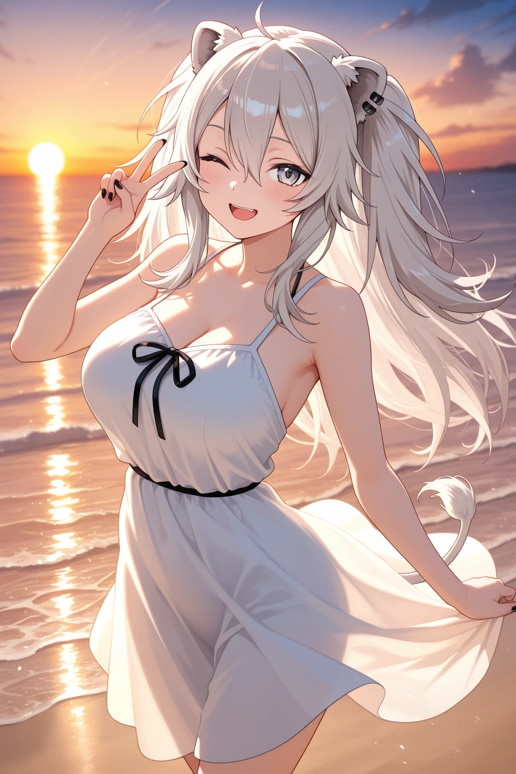 a highly detailed portrait of a pretty girl with medium breasts, a beautiful silver hair, pink eyes, and cat ears, smiling against a sunset beach landscape with an orange, pink, and yellow sky, palm trees swaying, seagulls flying, and a crystal clear sea gently kissing the white sand shore, creating a dynamic and breathtaking yet peaceful atmosphere,beautiful detailed eyes,beautiful detailed lips,extremely detailed eyes and face,longeyelashes,1girl,oil painting,illustration,photography,intricate details,vibrant colors,warm lighting,cinematic,dramatic,serene,calming