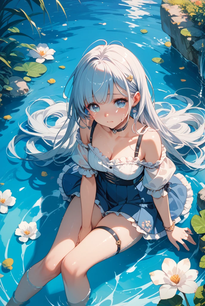 （Masterpiece）、(highest quality)、((Super detailed))、(Ultra delicate)、Pastel colored hair、Beautiful breasts、A young princess bathing in a lake、Wet white dress