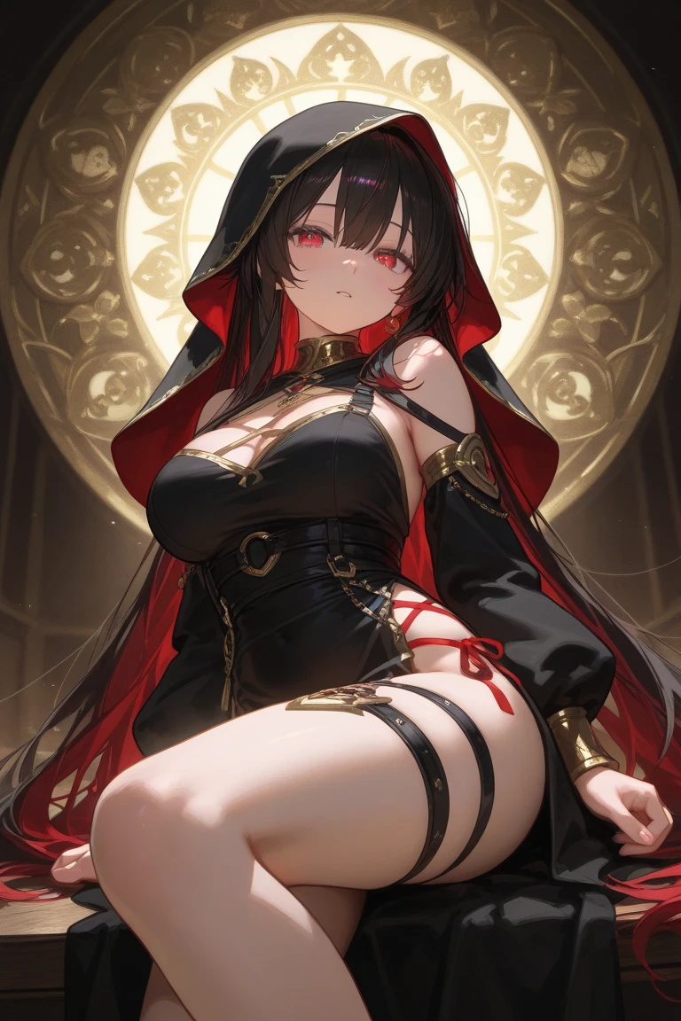 Highest quality、Highest quality、Masterpiece、girl((Metal body,Age 25、as soon as、Highest Bust、Medium Bust、Wide open chest、Red glowing eyes、Black Ear、Red Mesh、Disheveled Hair、Loincloth、thin、The best valley、Open chest、Red Cape、hair ornaments、Full body view、Black short-sleeved hoodie、Red pants、Ruby Necklace、No underwear、hat,Angry face、Sit on a chair、Crossing your legs))、high quality、Beautiful Art、background((night、Red room、Cool chair,Cool chess board、table、red wine))、flight、Flying Debris、Depth of text、movie、Visual Arts、Perfect Art、8K、Genuine、