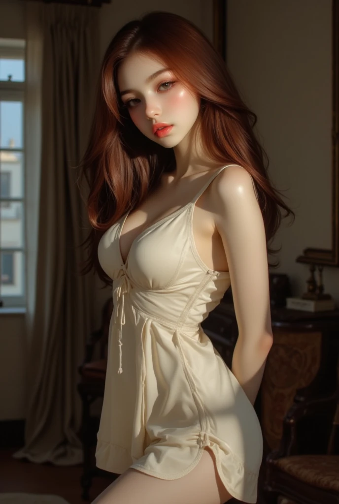 A very long straight silky red haired sweden girl, bang, green eyes, 20 years old, young, pale skin, Ultra high res, uhd, (photorealistic:1.4), vein mound, doll-like face, in a dark room dramatic lighting, shy, full body shot, side view, a towel wrapping around her body,