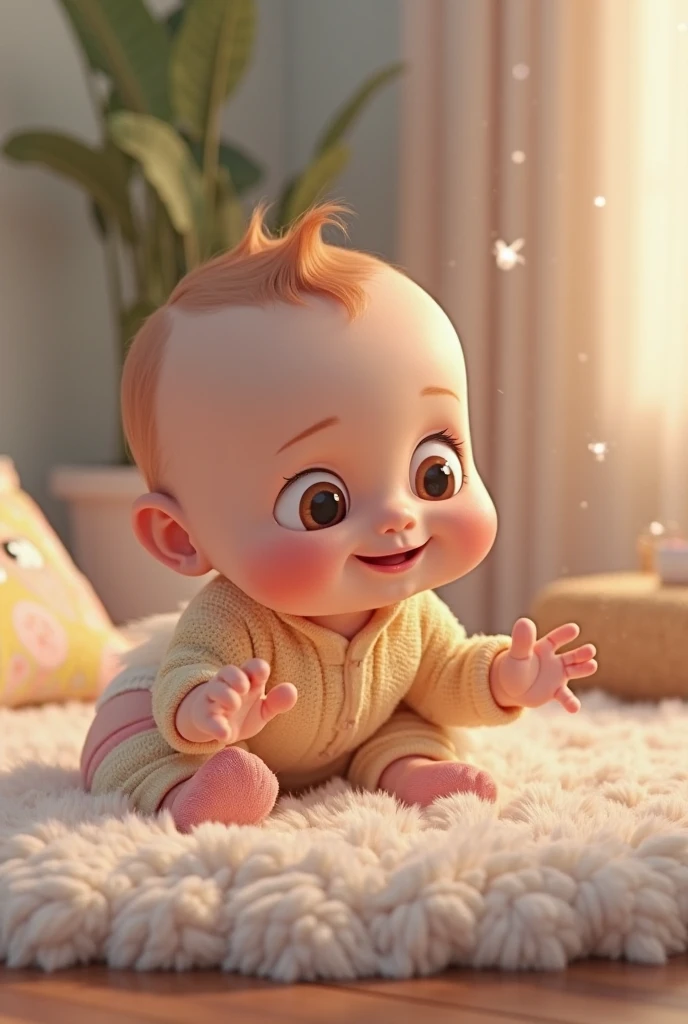 RAISING A 6 MONTH OLD BABY IN DISNEY PIXAR HALF BALD BIG BLUE EYES WITH A PACIFIER IN HIS MOUTH IN A PINK FLORAL OVERALL WITH GOLDEN BUTTONS SITTING 