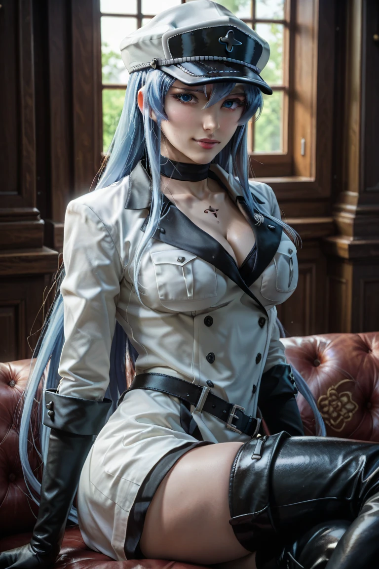 (artwork, best quality) a girl with long blue hair, blue eyes, blue eyelashes, black mini skirt, long black pantyhose, black off shoulder dress, wearing black captain's hat, tattoo, big breasts, perfect body, 4k hd, blushing, embarrassed, sitting in a room