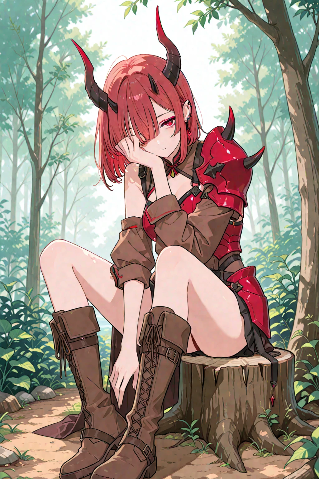 1goat girl, goat ears, yellow horns, curly red hair, one long braid, perfect eyes, blue eyes, naughty face, white scarf, black blouse, red jacket, blue shorts, long black stockings, brown boots, brown bag, red sword in the hand, big breasts, big ass, field background
