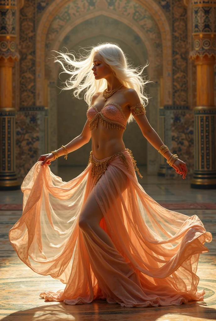 (best quality,4k,highres),belly dancer,detailed flowing sheer colorful silks,lovely woman,mesmerizing sensual dance,stage,USO show,vibrant colors,dynamic movement,expressive eyes,intricate jewelry,fascinating facial expression,long flowing hair,graceful gestures,energetic performance,enthralling atmosphere,upbeat music,enchanting atmosphere,resplendent costumes,engaging audience connection,electrifying presence,vivid visual spectacle,fluid body movements,endless elegance,flawless execution,passionate performance,transfixing mood,captivating aura,magical ambiance,heartwarming energy,beauty in motion,endless charms,exquisite choreography,spellbinding grace,seductive allure,hypnotic rhythm,mesmerizing grace,alluring stage presence,enchanted viewership,lively atmosphere,dreamlike ambiance,irresistible charisma,enthralling stage persona