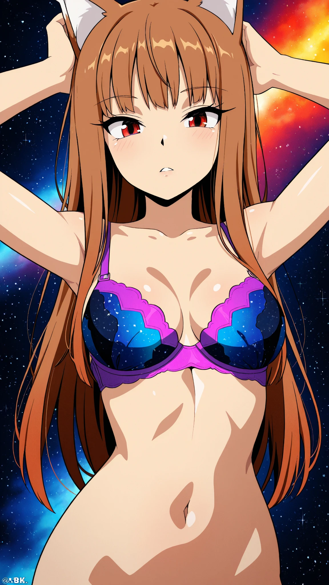 1girl, solo, star-shaped pupils in left eye, orange hair, long hair, pink eyes, multicolored bikini, blonde, bangs,happy,posing, multicolored hair, beach background