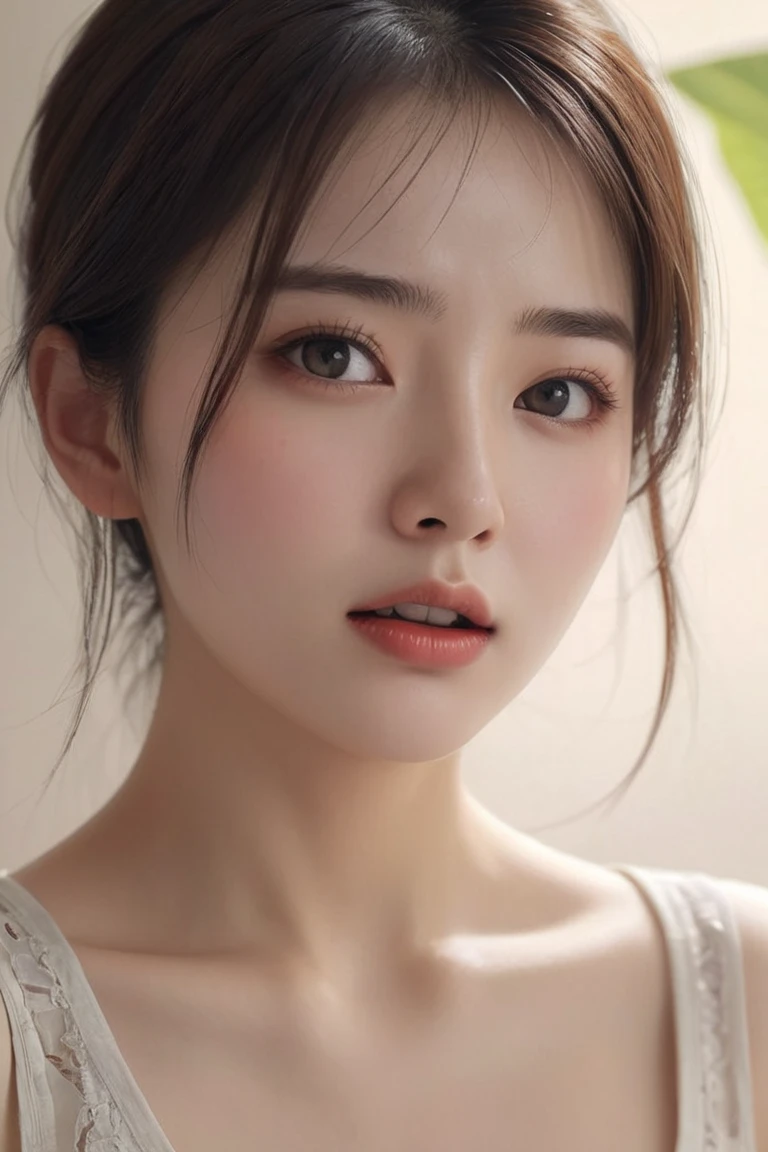 photographie de mode portrait de 1fille, offshoulder, cheveux courts moelleux, Soft Light, rimlight, Discret, (photoreallistic, Photo brute:1.2), (Texture naturelle de la peau, Realistic eye and face details), hyperrealism, ultra highres, 4K, Best quality, Masterpiece, (clivage:0.8), fond blanc
