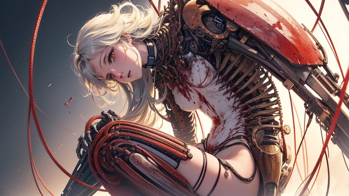 (masterpiece、top-quality、top-quality、Official Art、Beautiful and indulgent:1.2)、(1girl in:1.3)、ighly detailed、colourfull、highestdetailed ((ultra-detailliert))、(Highly detailed CG illustrations)、((extremely delicate and beautiful))、(Since a while ago)、ciinematic light、((1 Mechanical Girl))、独奏、full bodyesbian、(Mechanical joint:1.2)、((machanical limbs))、(blood vessels connected to tubes)、 (Mechanical vertebrae attached to the back)、((Mechanical cervical vertebrae attached to neck))、deadpan、(Wires and cables attached to the neck:1.2)、(Head wires and cables:1.2)(Character Focus)、Science fiction、White background、(blood:1.5)
