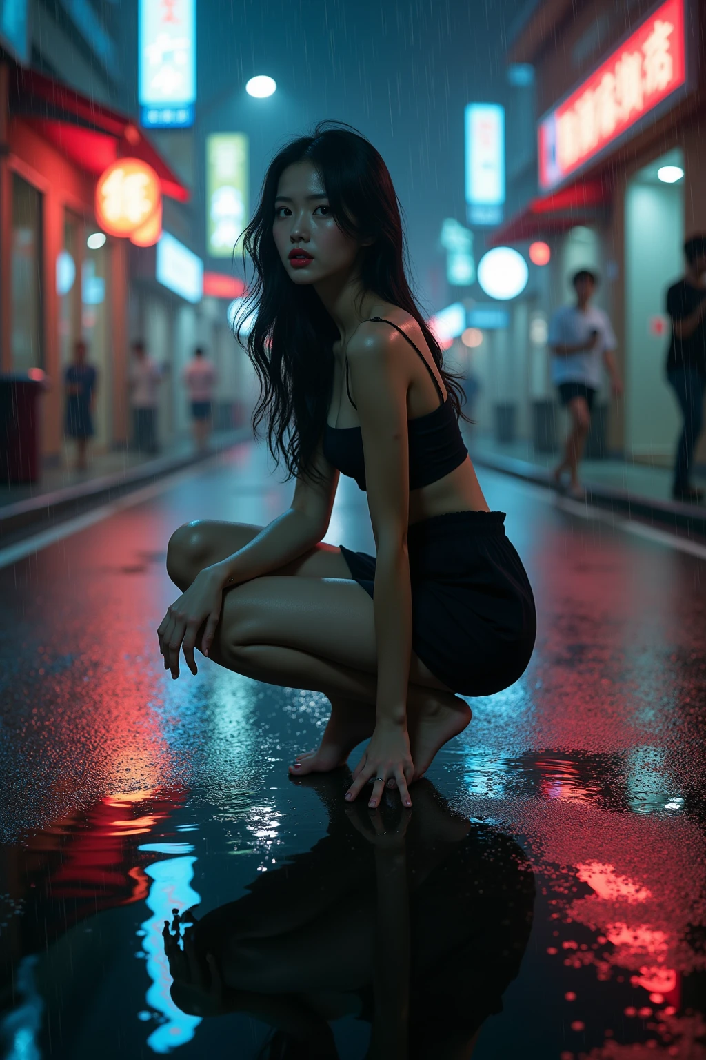 photorealistic, 1girl, detailed face, detailed eyes, detailed lips, beautiful long black hair, barefoot, white dress, black stockings, post-apocalyptic city environment, night scene, zombies, wet, confused expression
