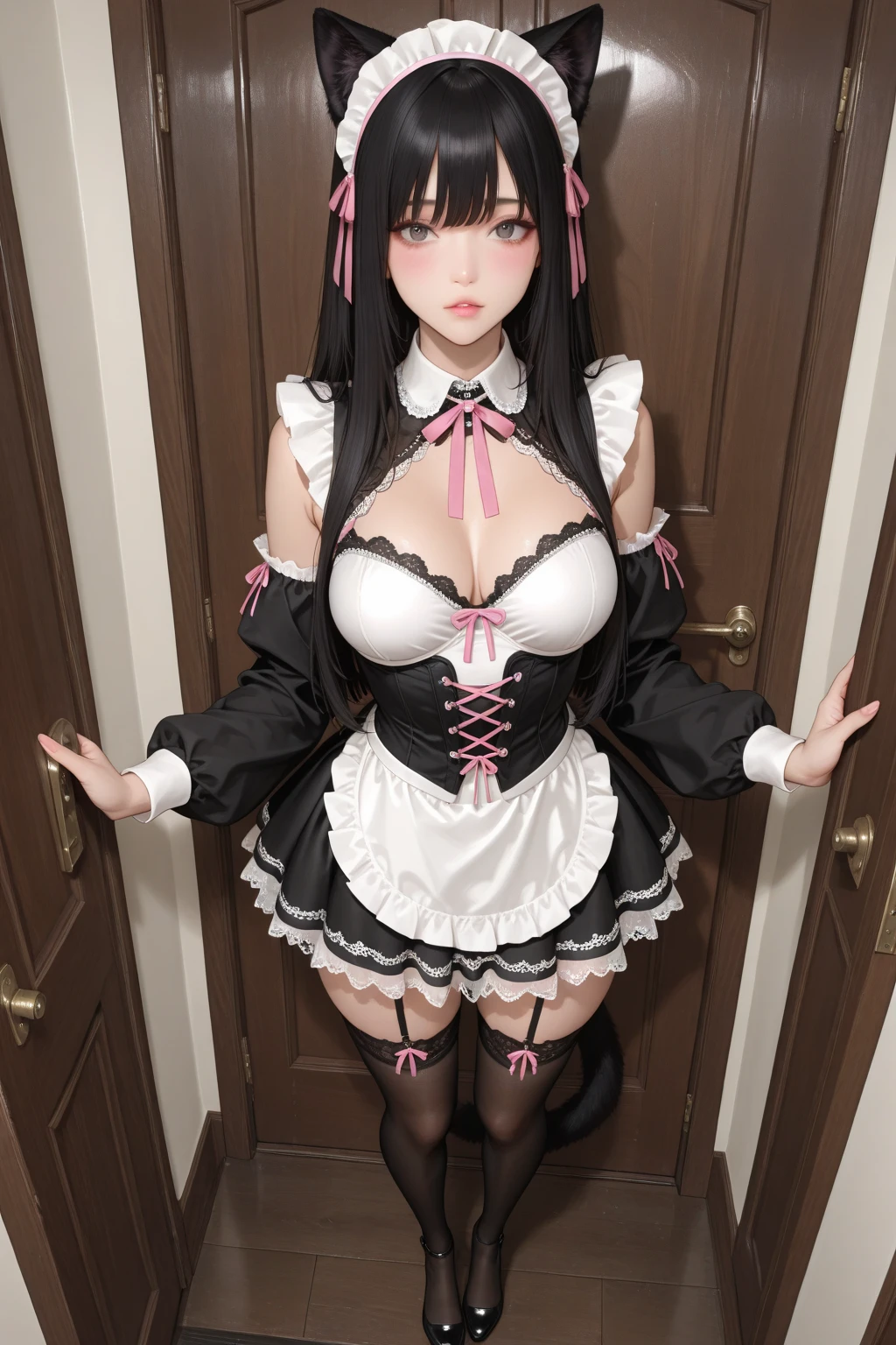 in 8K、Best Quality、bedroom、girl with、A dark-haired、Twin-tailed、Large pink ribbon、delicated face、Sareme、glares、Red Colored Contacts、blushed face、Pink blouse with a lot of frills、Black mini skirt with lace、beauty legs、Striped lace tights、Black thick-soled pumps、Seductive thighs、Colossal tits:1.8、big butts:5.5、big breasts thin waist、Beautiful constriction、shinny skin、Facing up、Kamimei、Shy smile、Looking Up、