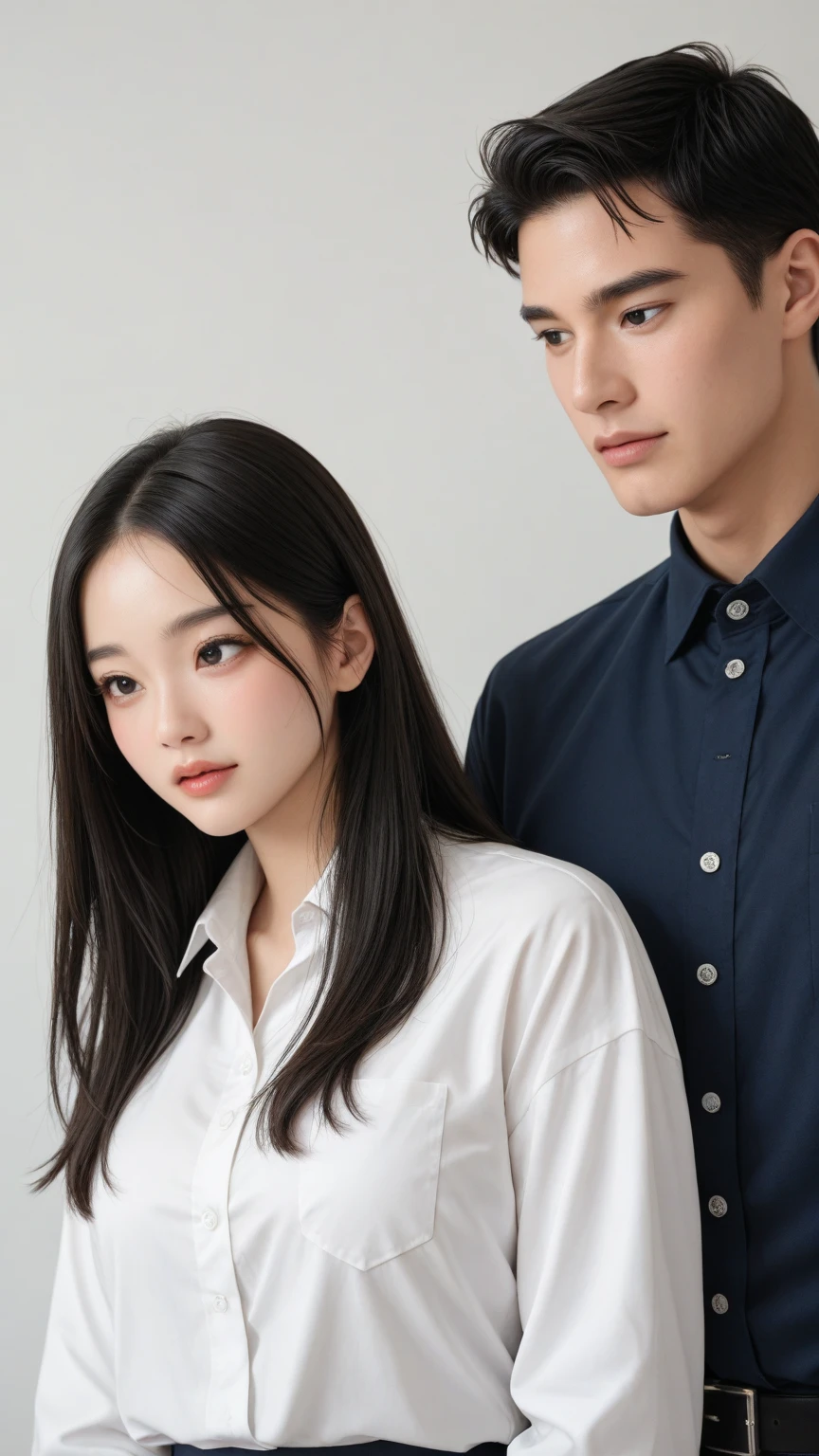 there are two asian people sitting on a window sill, lovely couple, ulzzang, cai xukun, sakimichan, couple pose, white hime cut hairstyle, jk uniform, inspired by Ma Yuanyu, by Ye Xin, jinyoung shin, jia, male ulzzang, realistic. cheng yi, with bangs, boy and girl, by Xia Yong