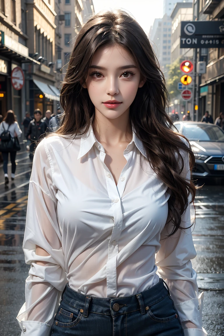 ((Best Quality, 8K, Masterpiece: 1.3)), Sharp: 1.2, Perfect Body Beauty: 1.4, Slim Abs: 1.2, ((Layered Hairstyle, Big Breasts: 1.2)), (Wet White Button Long Shirt: 1.1), (Rain, Street: 1.2), Wet: 1.5, Highly detailed face and skin texture, detailed eyes, double eyelids, side face looking at the camera