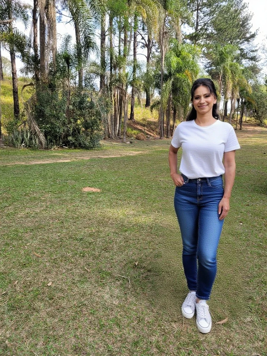 mulher sorridente de camisa vermelha em frente a uma casa, centro de imagem, vestindo uma camiseta vermelha, , black leg pants, ela tem cerca de 35 anos, alta qualidade, high resolution, 8k. Uma mulher com pele branca e cabelos escuros. ela tem cerca de 35 anos. His lips were slightly plump, Seus olhos eram castanhos escuros. Corpo fino. cintura fina. Your body exudes glamor and your face is the definition of beauty. teste, Altamente realista, Lindo, slightly full lips, batom cor de rosa, sorridente, feeling of lightness and joy, hiperrealismo, pele muito elaborada. foto de corpo inteiro, Limpar foto, alta qualidade, high resolution, obra de arte, 8k.