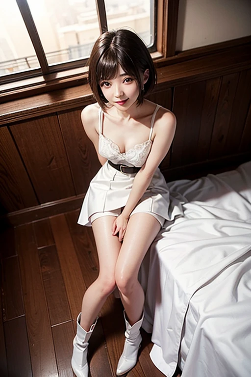 (Highest quality: 1.5), (Realistic: 1.5), (1 person: 1.5), Highly detailed, High resolution, 8k, slightly saggy medium breasts, Natural colored lips, Cute smile, Japanese woman, 20 year old girl, beautiful and graceful features, perfect and beautiful face, balanced big eyes, brunette eyes, beautiful and graceful features, natural double eyelids, natural bangs, beautiful thin nose, beautiful skin, medium bob hair , natural bangs , perfect and beautiful face, slim face and figure, blue summer sky, socks, (looking at the camera with a sweet smile), bright lighting, professional lighting, forward lighting, beautiful legs: 1.2, smooth skin, slender body, slim waistline, slim thin thighs, cleavage, detailed clothes, Beautiful breasts, beautiful cleavage, Sitting on a luxury bed, Bedroom with large windows, lingerie with lace, (white lace dress), (see-through dress), mini skirt dress, (white lace), (see-through),
