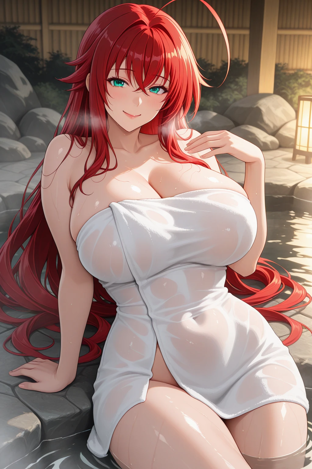 solo, long hair, breasts, looking at viewer, bangs, big breasts:1.5, hair ornament, cleavage, blue eyes, full body, clip on hair, laughter ,parted lips, japanese clothes, mole, mole under eye, kushina ,curve body,milf,motherly,mature female,night sky ,standing ,cross hand holding dress,untied dress, cowboy shot, off the shoulder,oil skin, Milky white skin, ,wet hair, mercenary pose,face on front,big round breasts,big breast:1.7 slightly , slim body, sexy body, white skin, loose dress ,face on camera , erotic pose,in a garden,She wears a transparent long-sleeved i ca se hand, dark blue dress that falls just below the knees. It seems to be closed at the front with a zipper, and is kept open on the front-right side from the waist down. The dress only covers up to the upper part of her arms and the underside of her breasts. Underneath, she wears a mesh armour that covers slightly more of her upper body than her dress. She also wears a skirt in the same colour as her dress and, underneath those, mesh leggings reaching down over her knees,full body shot, (sweat), (steam),thicc women,wet body,wet dress, milk flowing breast,wet breast,off the shoulder,