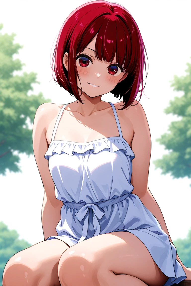 ((masterpiece)), ((best quality)), ((highres)), ((extremely detailed CG unity 8k wallpaper)), solo, <lora:iwasawa:0.9>, iwasawa, yellow sundress, close up, smile, red eyes, outdoors