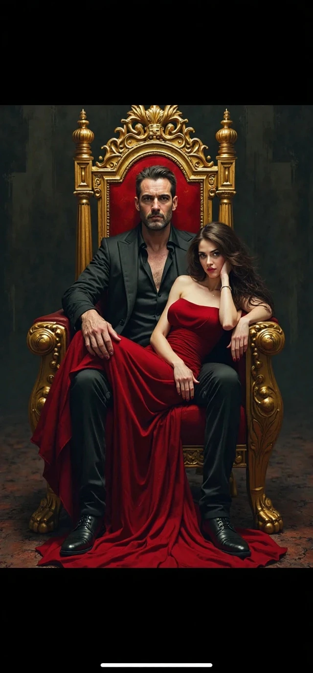 Tall and beautiful white-skinned girl with long black hair, Bright red dress that hugs her body and small waist.. At her side is a handsome, high, dark hair, Very muscular man in an elegant suit with a gun in his hand and some bullets on the ground., While he is sitting on a fancy chair and the girl is behind him while grabbing him by the shoulder.In the background of the image there is a black background with red lighting around the edges