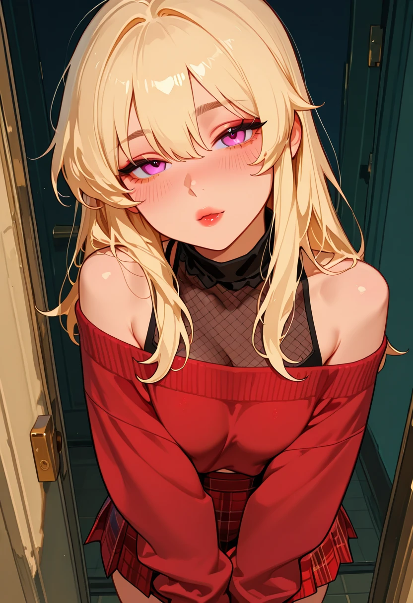 realisticlying、show through、17 year old girl、Wearing a red sweater,Face enhancement,Chest super large zoom,Cleavage emphasis,Looking up from the bottom,Hair blonde,Blue eyes、Blushing,Red lips,A sexy,Bed sit,Open your mouth wide、Put your arms around the back of your head、Wearing a turtleneck sweater,Sweaty face
