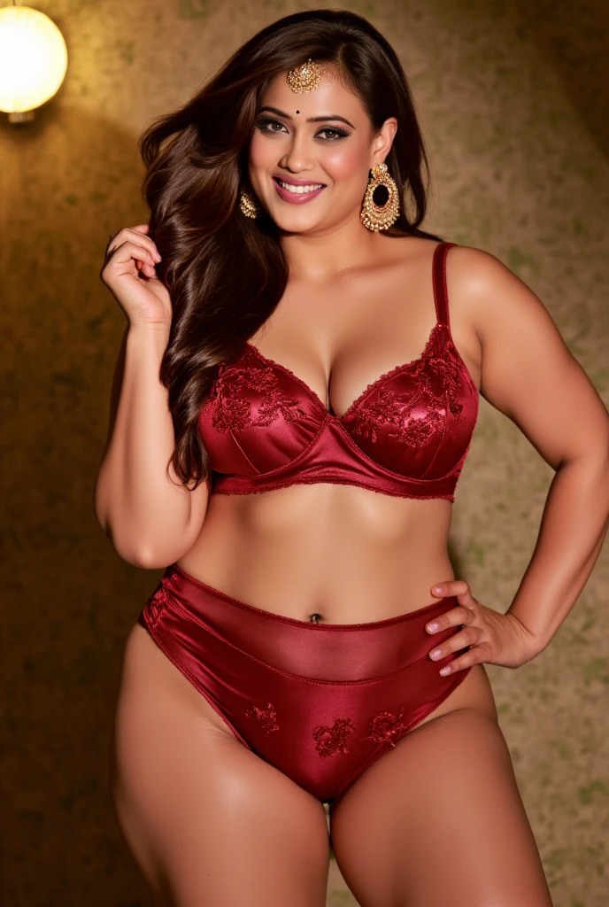 to a perfect woman, that is in red lingerie, with a perfect body and that its features are voluminous but full-bodied