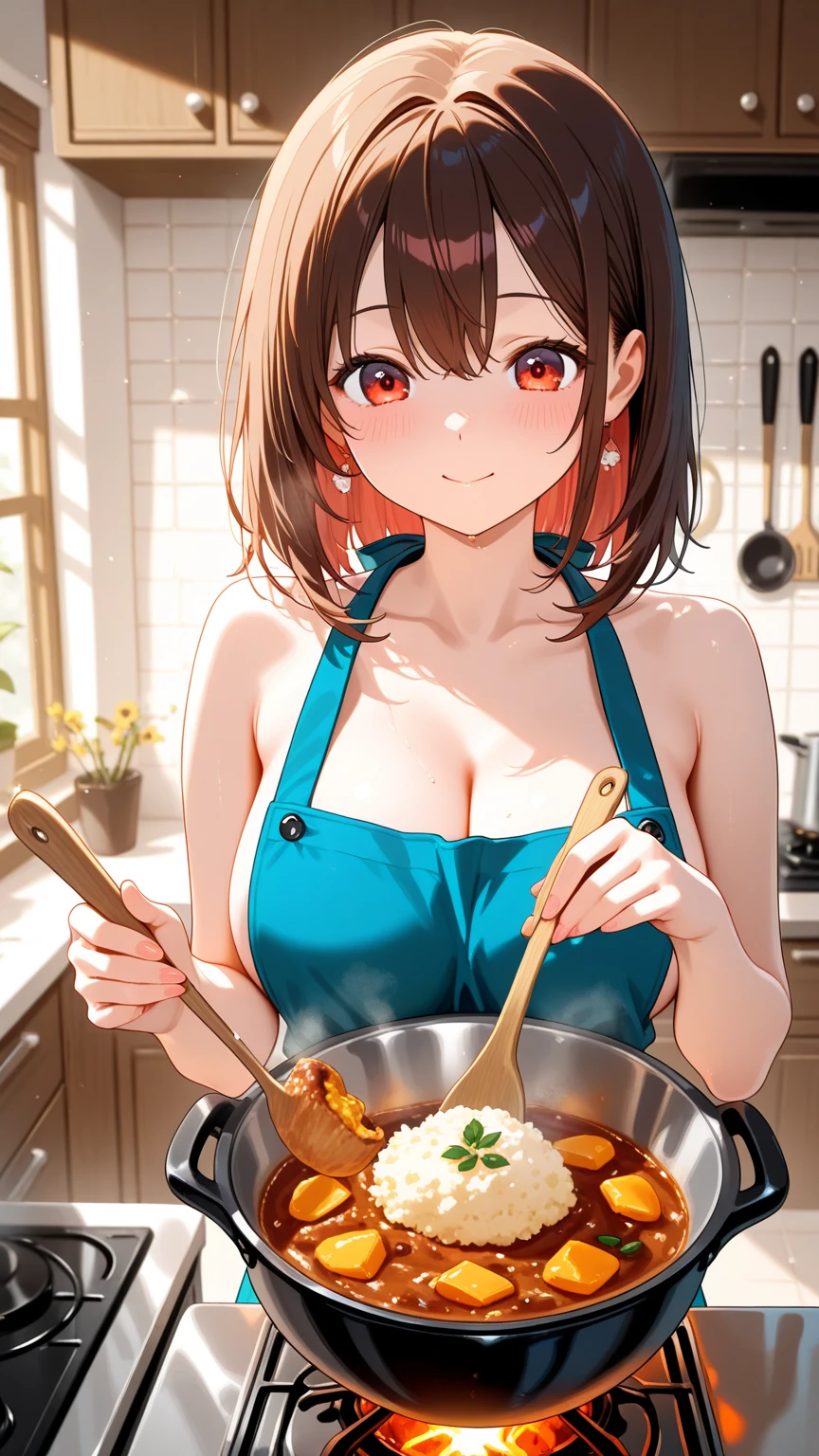 A girl in a micro bikini making a large amount of naan curry　Touching her chest