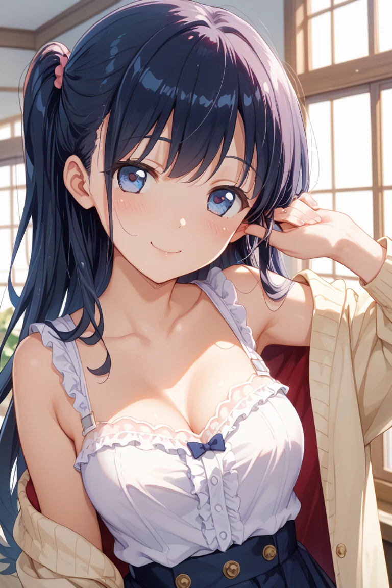 Girl, cute, adorable, smiling, straight hair, long hair, black hair, full breasts, Showcasing cleavage, standing, one hand up,
(V-sign:1.5),
looking at the camera, From the front, my room, morning, Halter Top