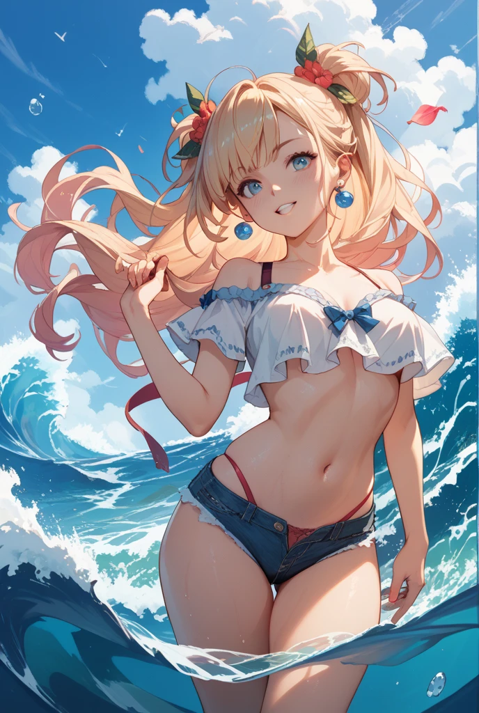 (masterpiece,best quality,extremely detailed:1.4),ultra-detailed,absurdres,perfect anatomy,1girl,japanese,30yo,(((Rainbow long hair,Gradation))),bangs,blue droopy eyes,cute,shy,Stylish bikini,black tight miniskirt,(lift:1.4),cleavage,hair ornaments,shallow sea,clear waters,water splash,(from below),Dynamic Angle,Glamorous Body,Nipple erection,Backlight,Curly hair,long hair,(((See-through,bikini))),Shiny Hair,Shiny Skin,お洒落なbikini,The bite is clear,Tattoo,tanline,Sunburn,Brown skin,Twin bun hair,