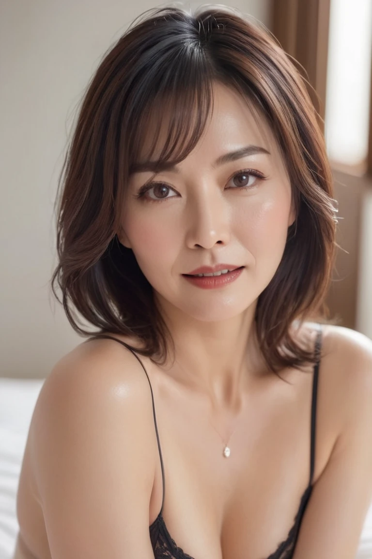 (highest quality, High resolution)))), Very detailed8K,A middle-aged Japanese woman with a glamorous body, around 50 years old, (Ultra HD, Very detailed, Very detailed, Very realistic, Ultra-Realistic Skin, Realistic photos), (1 girl:1.5), Strongly wavy long hair with light highlights, Bobcut, (Dynamic pose), An excited look、To the camera, A light smile, Purple eyes, (Nadium Chest: 1.2), (Beautiful and elaborate face, Fine and beautiful eyes), White tight tank top, Transparent material), Cleavage, , dripping sweat, )，Black Stockings、Loose skin、Heavy makeup、Inside the house、Brown eyes、Gloss lips、Thin eyebrows
