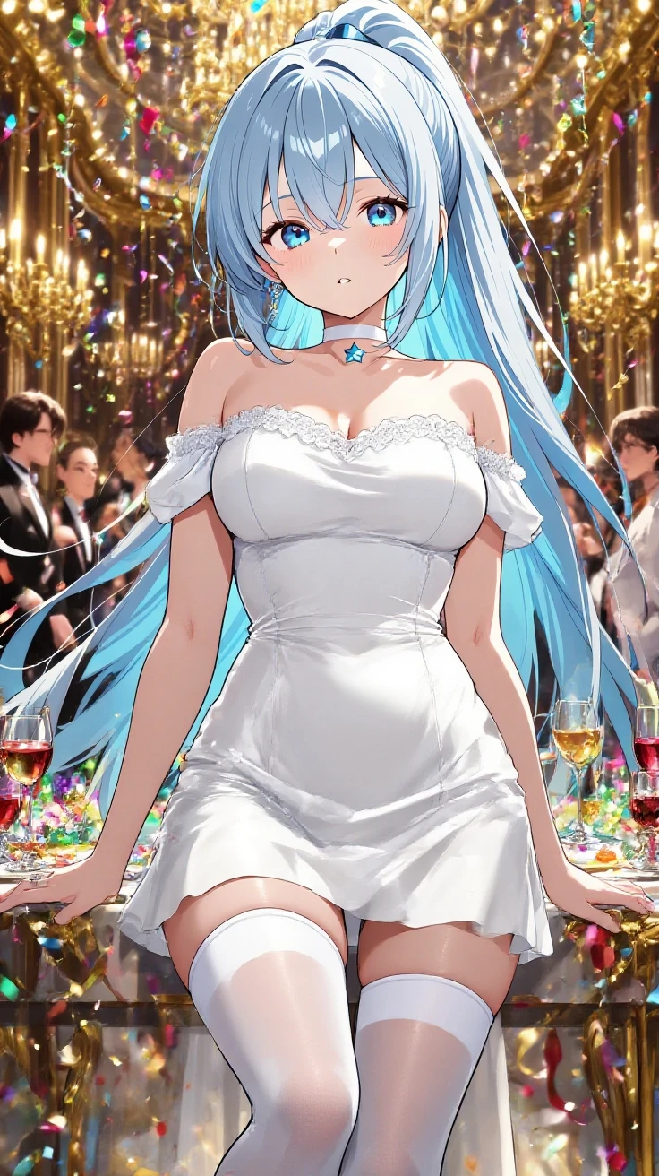 (best quality,8k,highres,masterpiece:1.2),ultra-detailed,(realistic,photorealistic,photo-realistic:1.37),Rias Gremory,ball,party,dress,eyes shining,detailed face,vivid colors,background with people,16k resolution,illustration,sparkling lights,celebration,dancing,beautifully decorated venue,warm atmosphere,lively music,dancing couples,enjoying drinks and conversations,confetti in the air,balloons in vibrant colors,glamorous outfits,exquisite ball gown and tuxedo,champagne glasses raised in toasts,laughter and smiles,energetic dance moves and twirls,people socializing and having fun,group photos and selfies,exquisite makeup and hairstyle,ornate chandeliers casting a soft glow,warm candlelight illuminating the scene,elegant and classy ambiance,excitement and joy filling the air,memorable and enchanting evening, dress, light smile