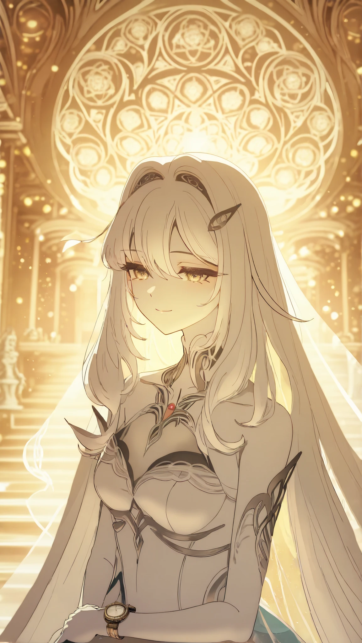 high detail RAW color art, animation, Marble Hall, Marble statue , ((( Extremely Detailed Elegant))), white skin, Magical Atmosphere, (focus on your face), (DETAILED SKIN, Textures (Intricately detailed, Fine Details, very detailed), Raytracing, subsurface scattering, Soft diffuse lighting, Shallow depth of field、sharp focus、Bokeh,watch viewers,kind smile